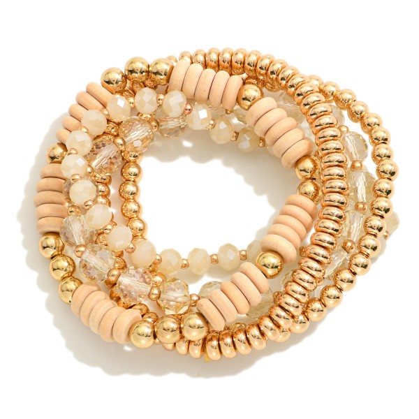 Set Of Five Beaded Stretch Bracelets Featuring Metal Tones, Faceted Beads, Wood Disk Beads 

- Approximately 2.5" D