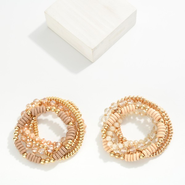 Set Of Five Beaded Stretch Bracelets Featuring Metal Tones, Faceted Beads, Wood Disk Beads 

- Approximately 2.5" D