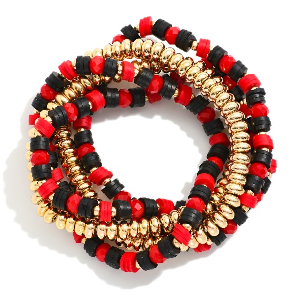 Set Of Five Beaded Stretch Bracelets Featuring Metal Tones & Heishi Beads 

- Approximately 3" D