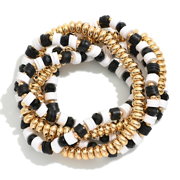 Set Of Five Beaded Stretch Bracelets Featuring Metal Tones & Heishi Beads 

- Approximately 3" D