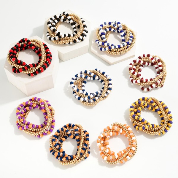 Set Of Five Beaded Stretch Bracelets Featuring Metal Tones & Heishi Beads 

- Approximately 3" D