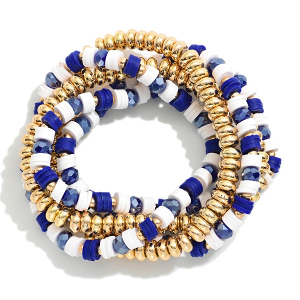 Set Of Five Beaded Stretch Bracelets Featuring Metal Tones & Heishi Beads 

- Approximately 3" D