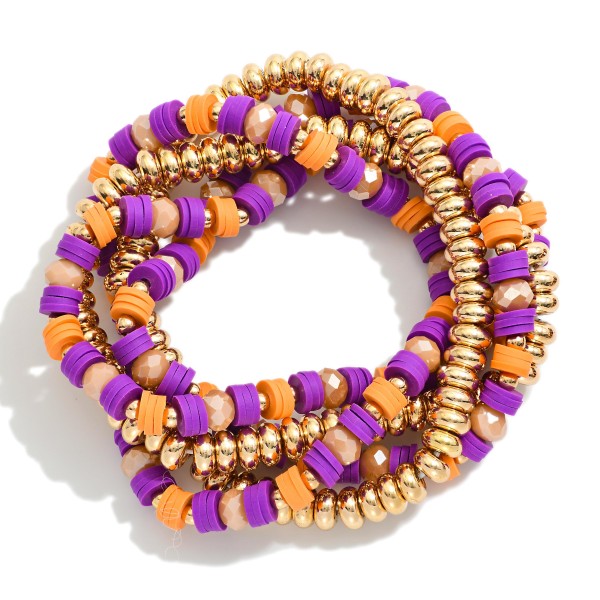 Set Of Five Beaded Stretch Bracelets Featuring Metal Tones & Heishi Beads 

- Approximately 3" D