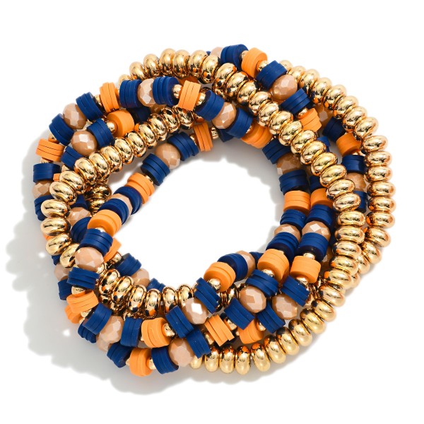 Set Of Five Beaded Stretch Bracelets Featuring Metal Tones & Heishi Beads 

- Approximately 3" D