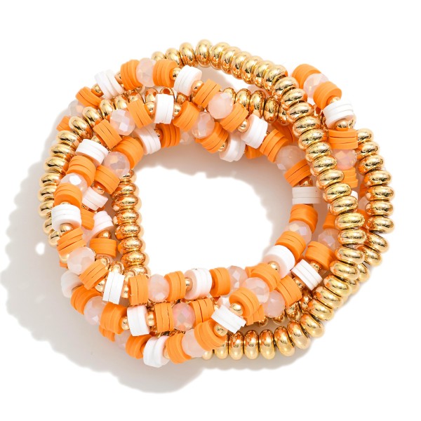 Set Of Five Beaded Stretch Bracelets Featuring Metal Tones & Heishi Beads 

- Approximately 3" D