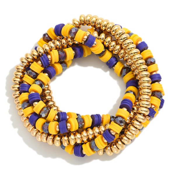 Set Of Five Beaded Stretch Bracelets Featuring Metal Tones & Heishi Beads 

- Approximately 3" D