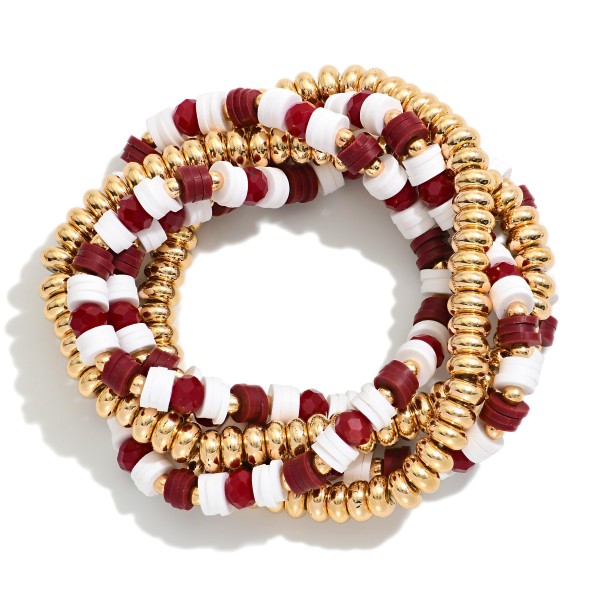 Set Of Five Beaded Stretch Bracelets Featuring Metal Tones & Heishi Beads 

- Approximately 3" D