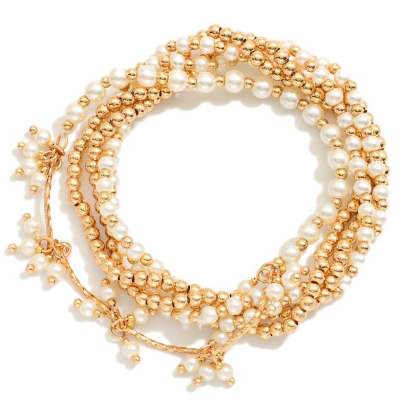 Wholesale set Five Beaded Stretch Bracelets Pearls Metals Tones Pearl Cluster Ac