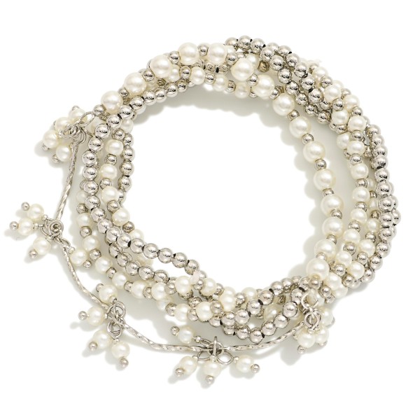Set Of Five Beaded Stretch Bracelets Featuring Pearls, Metals Tones, & Pearl Cluster Accents 

- Approximately 2.56" D