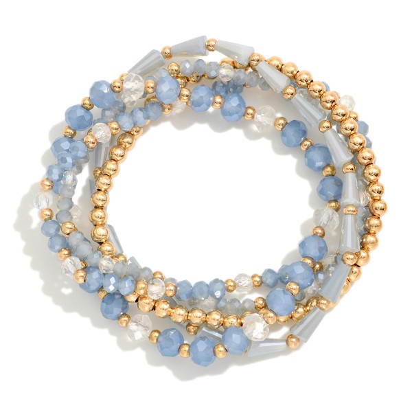 Wholesale set Five Beaded Stretch Bracelets Metal Tones Faceted Beads D
