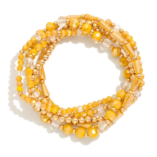 Wholesale set Five Beaded Stretch Bracelets Metal Tones Faceted Beads D