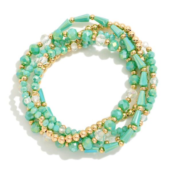 Wholesale set Five Beaded Stretch Bracelets Metal Tones Faceted Beads D