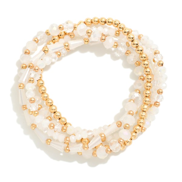 Wholesale set Five Beaded Stretch Bracelets Metal Tones Faceted Beads D