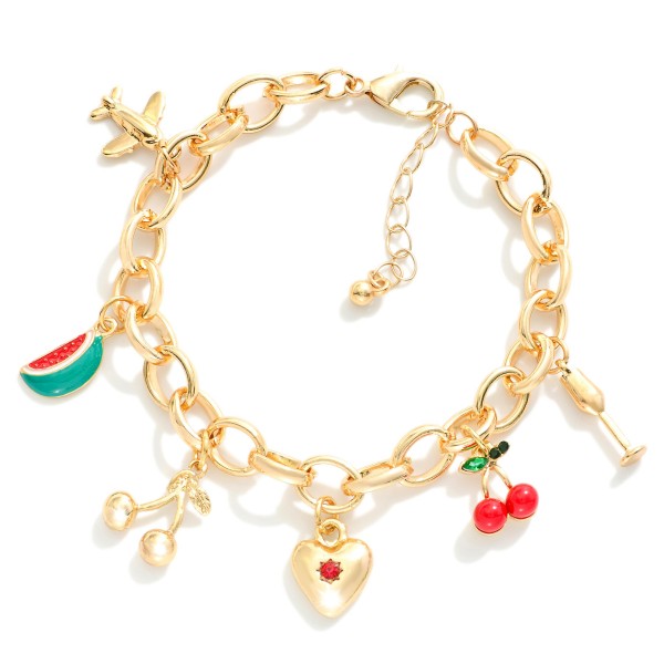 Chain Link Charm Necklace Featuring Metal Tones & Fruit Charms 

- Approximately 3.25" D