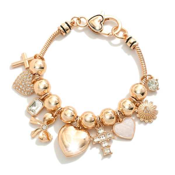 Snake Chain Bracelet featuring Metal Tone Chunky Beads, Hearts & Crosses 

- Approximately 2.5" D
