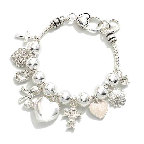 Snake Chain Bracelet featuring Metal Tone Chunky Beads, Hearts & Crosses 

- Approximately 2.5" D