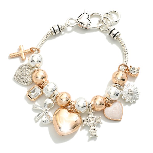 Snake Chain Bracelet featuring Metal Tone Chunky Beads, Hearts & Crosses 

- Approximately 2.5" D
