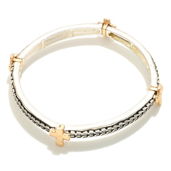 Textured Metal Stretch Bangle Bracelet Featuring Hammered Metal Cross Details 

- Approximately 2.5" D