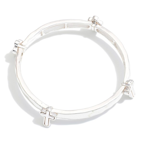 Metal Tone Bangle Stretch Bracelet Featuring Metal Tone Cross Details 

- Approximately 2.25" D