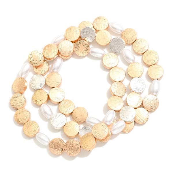 Wholesale set Three Beaded Stretch Bracelets Brushed Flat Beads Pearls D