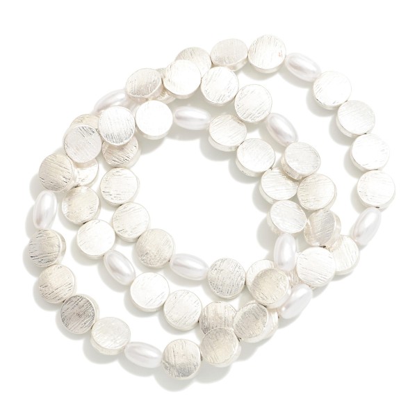 Wholesale set Three Beaded Stretch Bracelets Brushed Flat Beads Pearls D