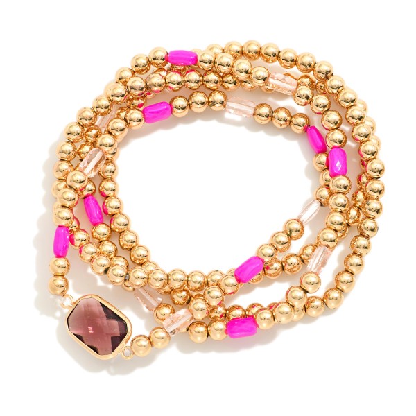 Set Of Four Metal Tone Beaded Stretch Bracelets Featuring Faceted Beads & Glass Crystal 

- Approximately 2.5" D