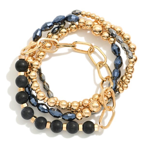 Set Of Four Beaded Stretch Bracelets Featuring Semi-Precious Stone, Faceted Beads, & Chain Link Accent 

- Approximately 2.5" D