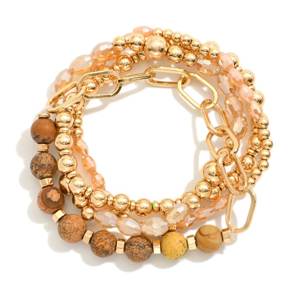 Set Of Four Beaded Stretch Bracelets Featuring Semi-Precious Stone, Faceted Beads, & Chain Link Accent 

- Approximately 2.5" D