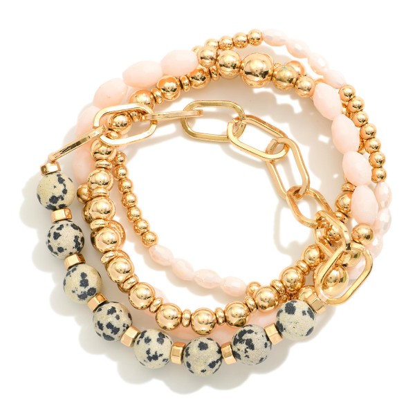 Set Of Four Beaded Stretch Bracelets Featuring Semi-Precious Stone, Faceted Beads, & Chain Link Accent 

- Approximately 2.5" D