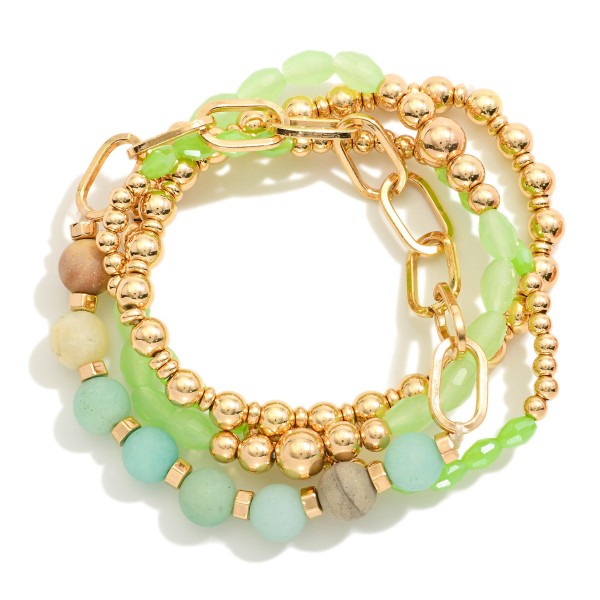 Set Of Four Beaded Stretch Bracelets Featuring Semi-Precious Stone, Faceted Beads, & Chain Link Accent 

- Approximately 2.5" D