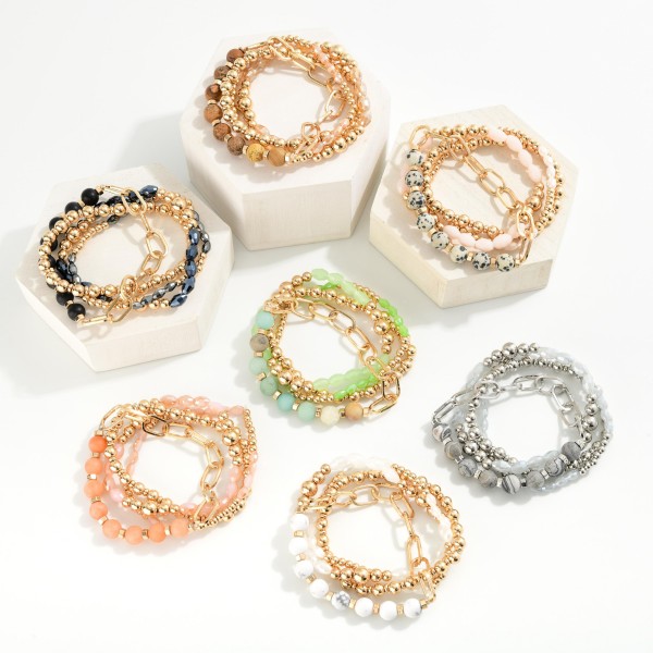 Set Of Four Beaded Stretch Bracelets Featuring Semi-Precious Stone, Faceted Beads, & Chain Link Accent 

- Approximately 2.5" D