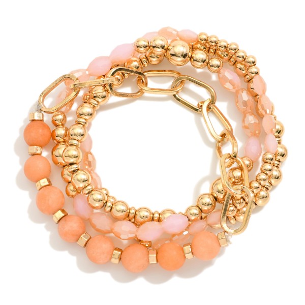 Set Of Four Beaded Stretch Bracelets Featuring Semi-Precious Stone, Faceted Beads, & Chain Link Accent 

- Approximately 2.5" D