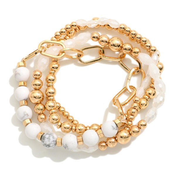 Set Of Four Beaded Stretch Bracelets Featuring Semi-Precious Stone, Faceted Beads, & Chain Link Accent 

- Approximately 2.5" D