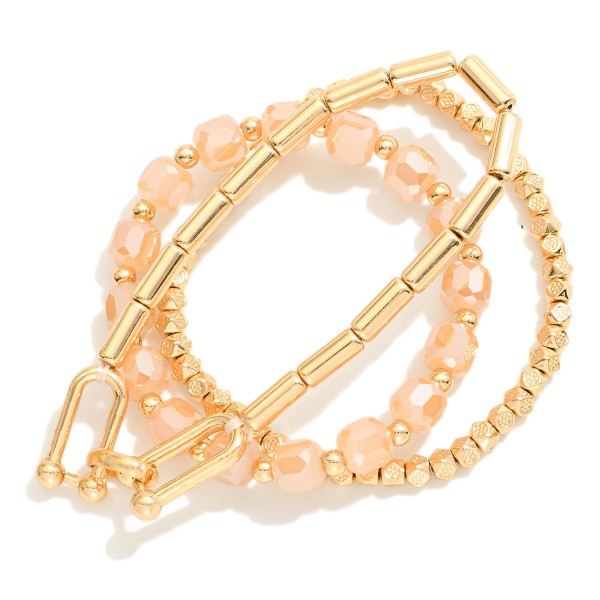 Wholesale set Three Beaded Stretch Bracelets Faceted Beads Metal U Link Detail D