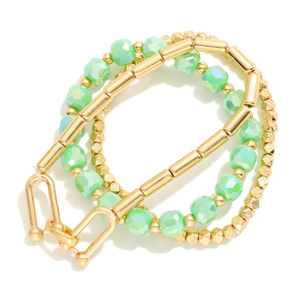 Wholesale set Three Beaded Stretch Bracelets Faceted Beads Metal U Link Detail D