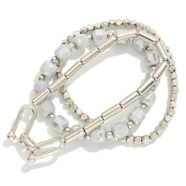 Wholesale set Three Beaded Stretch Bracelets Faceted Beads Metal U Link Detail D
