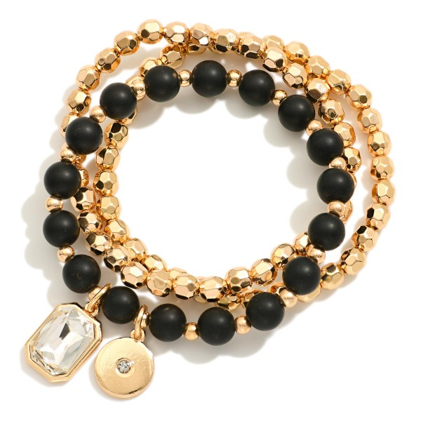Set Of Three Beaded Stretch Bracelets Featuring Metal Tones & Semi Precious Stones 

- Approximately 3" D