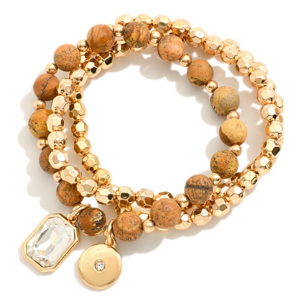 Set Of Three Beaded Stretch Bracelets Featuring Metal Tones & Semi Precious Stones 

- Approximately 3" D