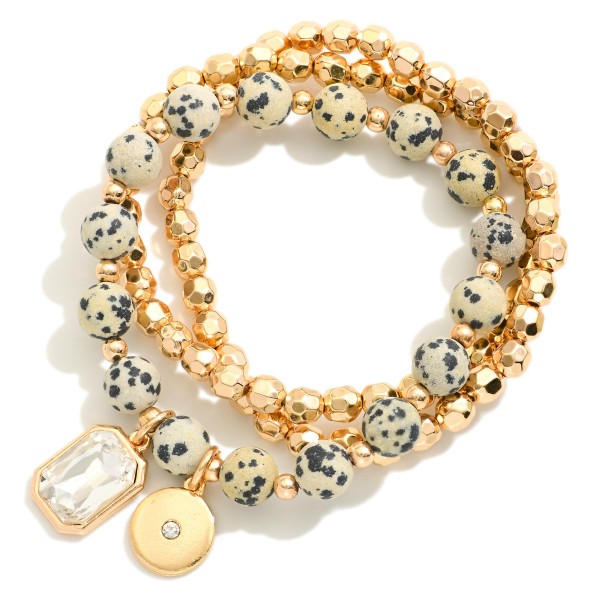 Set Of Three Beaded Stretch Bracelets Featuring Metal Tones & Semi Precious Stones 

- Approximately 3" D