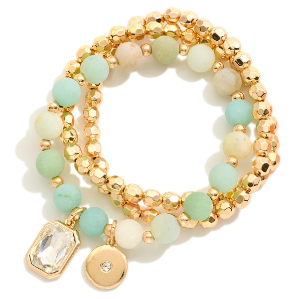 Set Of Three Beaded Stretch Bracelets Featuring Metal Tones & Semi Precious Stones 

- Approximately 3" D