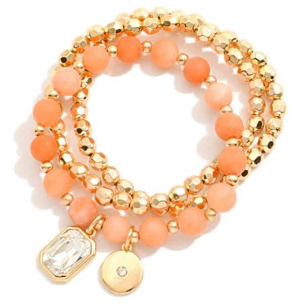 Set Of Three Beaded Stretch Bracelets Featuring Metal Tones & Semi Precious Stones 

- Approximately 3" D