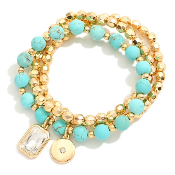 Set Of Three Beaded Stretch Bracelets Featuring Metal Tones & Semi Precious Stones 

- Approximately 3" D