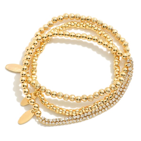 Wholesale set Three Metal Beaded Stretch Bracelets Flat Oval Charms Rhinestone D