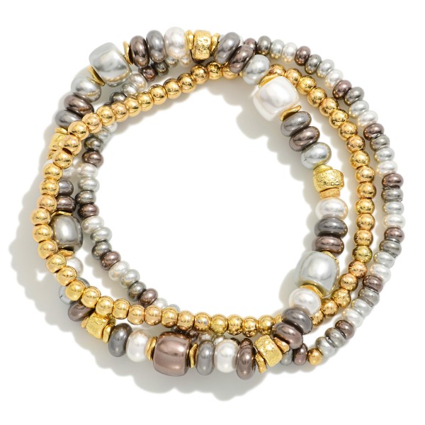 Wholesale set Three Beaded Stretch Bracelets Metal Tones Pearls D