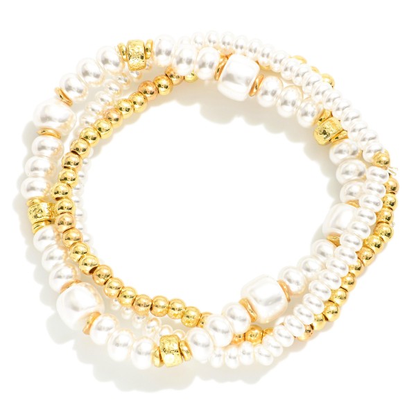 Wholesale set Three Beaded Stretch Bracelets Pearls Metal Tones D