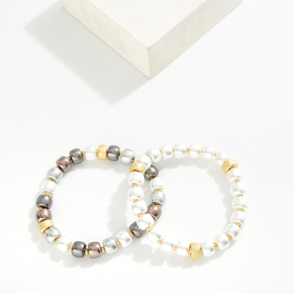 Pearl Beaded Stretch Bracelet Featuring Gold Tones 

- Approximately 3.25" D