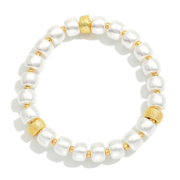 Pearl Beaded Stretch Bracelet Featuring Gold Tones 

- Approximately 3.25" D