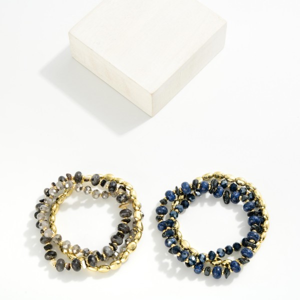 Set Of Three Beaded Stretch Bracelets Featuring Metal Tones, Faceted Beads, & Stone 

- Approximately 3.25