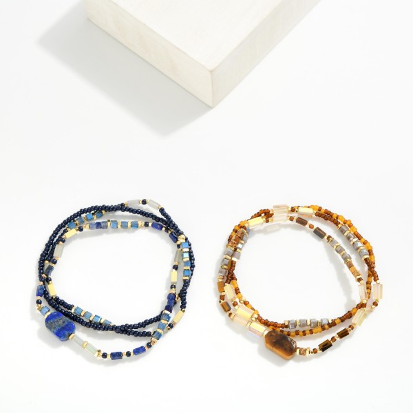Set Of Three Beaded Stretch Bracelets Featuring Gold Tones & Faceted Stone Beads 

-Approximately 3.50" D 