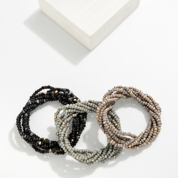 Set of Seven Petite Bead Beaded Bracelets Featuring Faceted Beads 
- Approximately 3" D